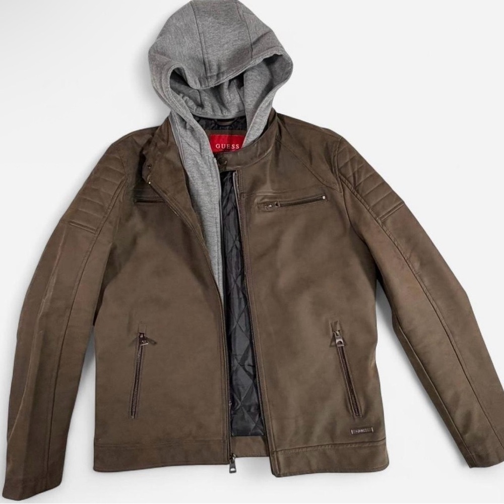 GUESS Leather Jacket w/ Removable Hoodie – Brown – Size Small